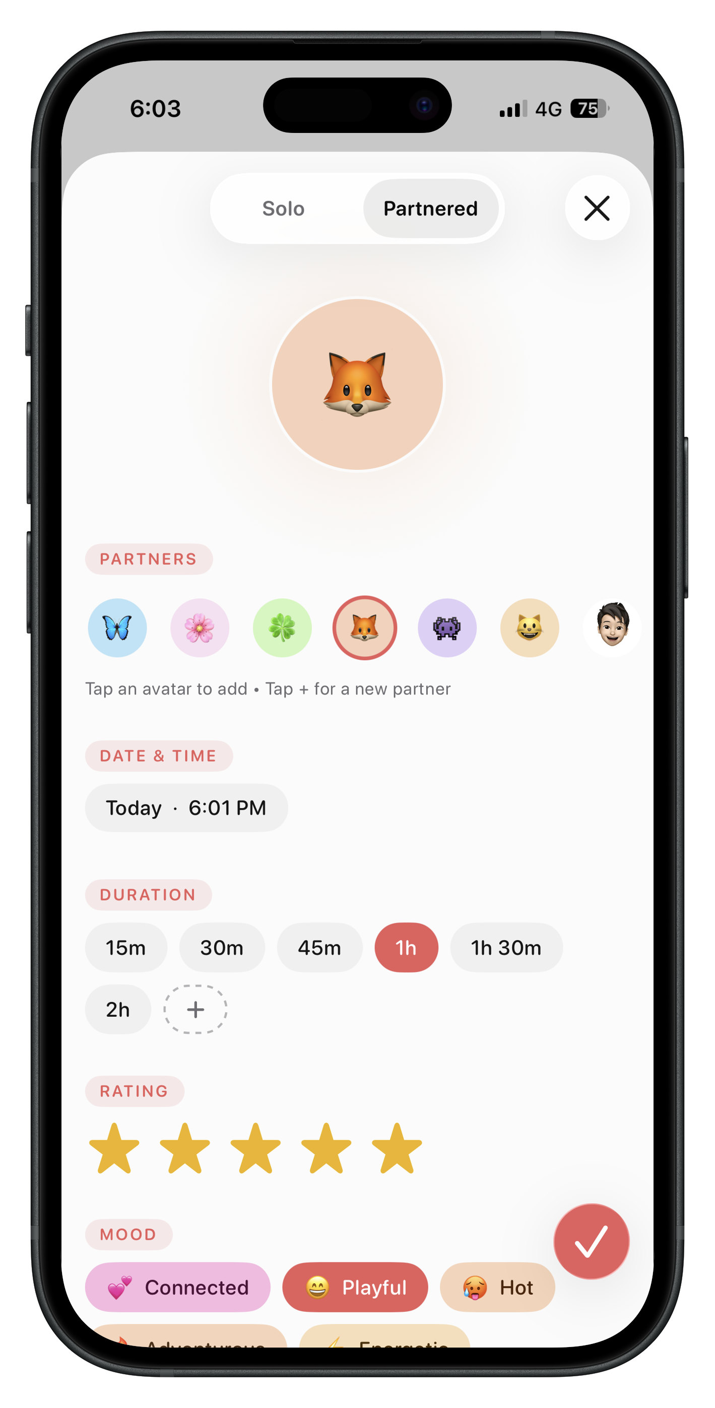 Hook new entry screen — partner, date, duration, rating and mood