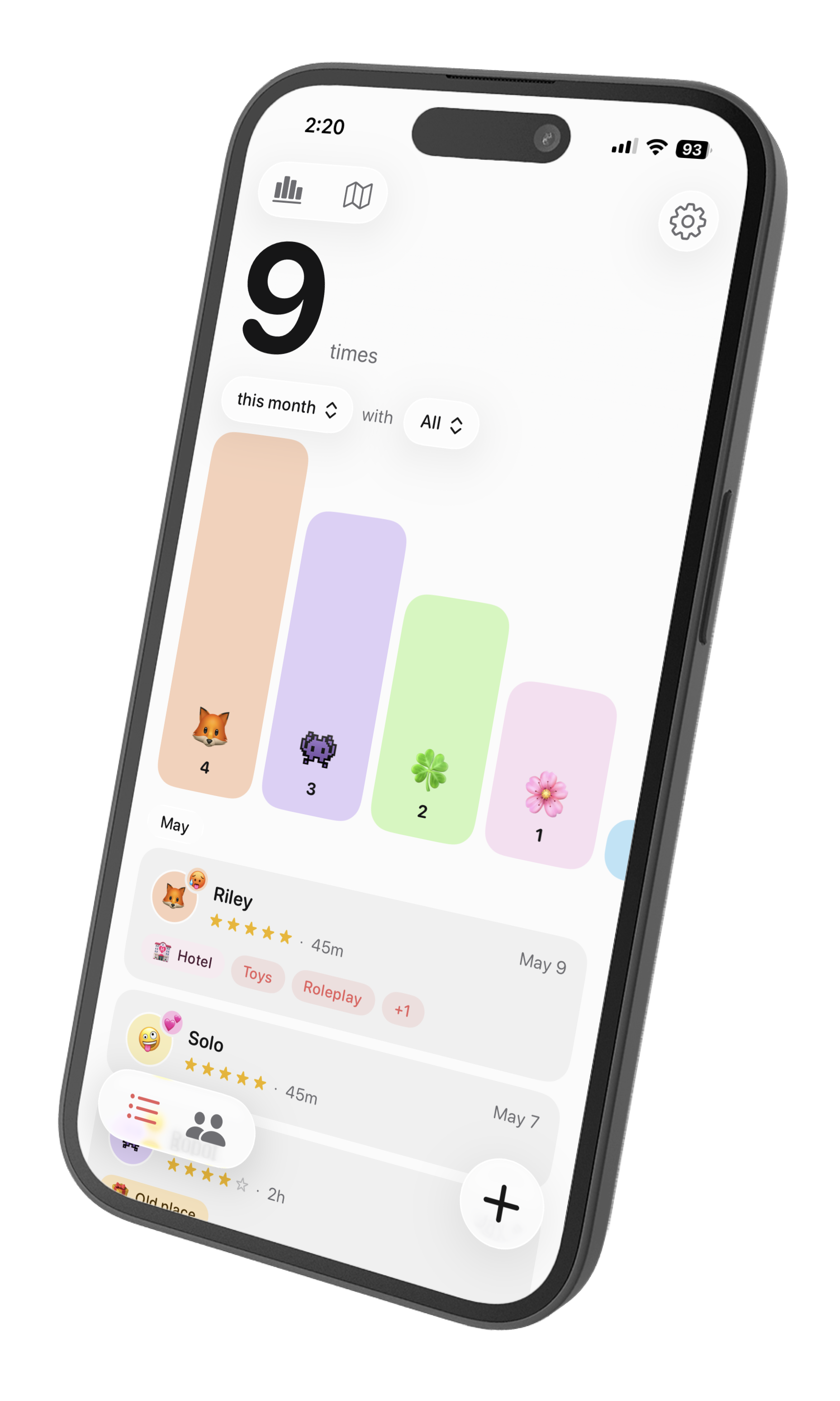 Hook on iPhone — the home screen showing this month's stats