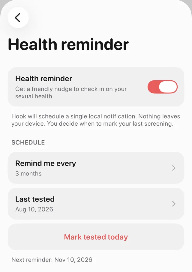 Hook's Health reminder screen set to remind every 3 months, with a last tested date, a Mark tested today button and the next reminder date