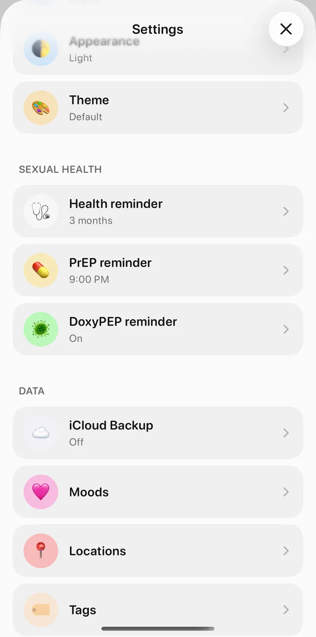 Hook's Settings screen with the Sexual health section listing the Health reminder, PrEP reminder and DoxyPEP reminder