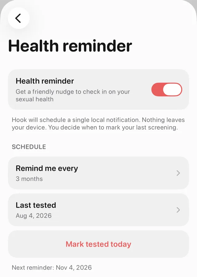 Hook's Health reminder screen set to every 3 months, with the last tested date and the next reminder date