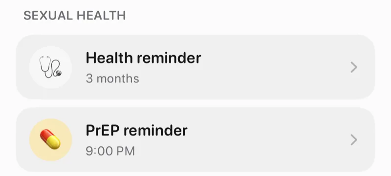 The Sexual Health section in Hook's settings, showing the Health reminder set to every 3 months and the PrEP reminder set for 9:00 PM