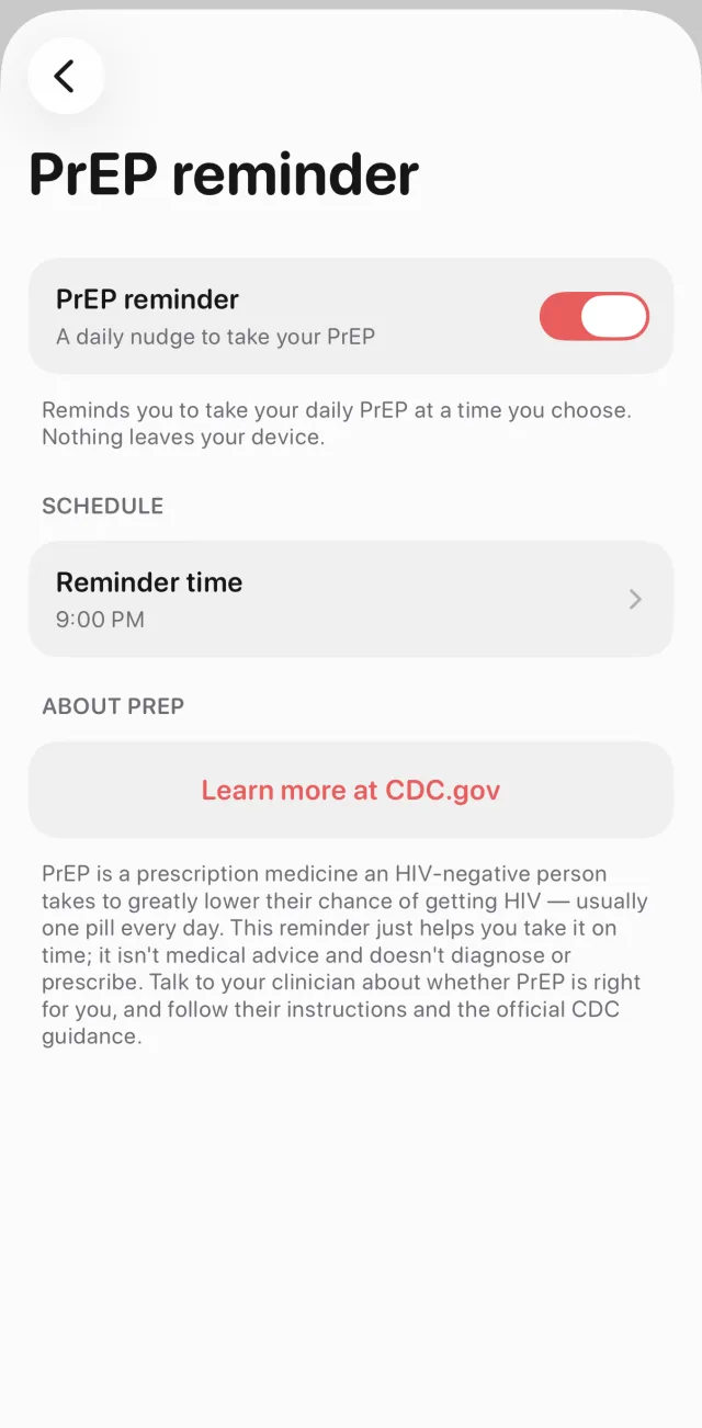 Hook's PrEP reminder screen with the daily reminder turned on, a reminder time of 9:00 PM, and an About PrEP section linking to CDC.gov