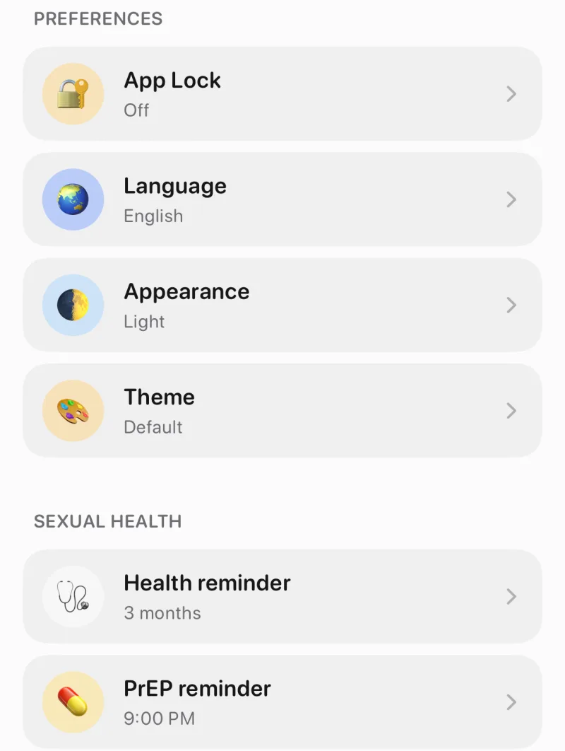 Hook's Settings with App Lock under Preferences, and the Health reminder set to 3 months and the PrEP reminder set to 9:00 PM under Sexual Health